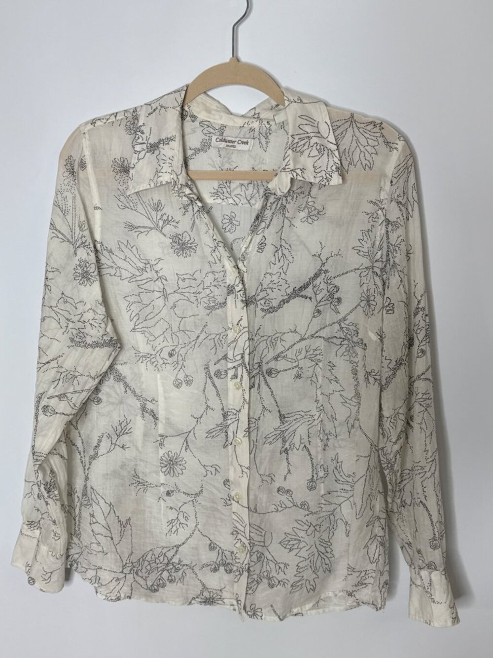Coldwater Creek Shaped Semi-Sheer Button Front Cotton Silk Blouse Cream Black L